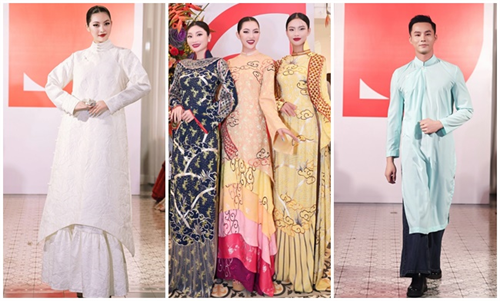 Độc đáo áo dài lụa phối jean tại fashion show Chu và Chung